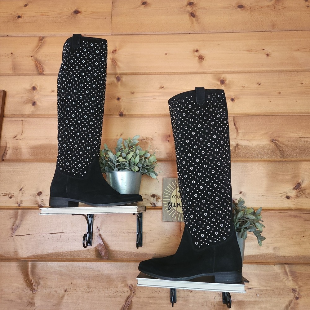 Michael Kors Sally Studded Flat Boot Tall Suede Leather Embellished Moto Sz 8 M